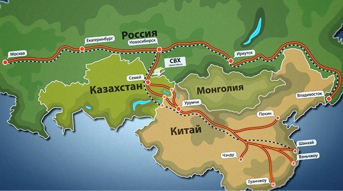 Карта маршрута доставки из Китая через Казахстан